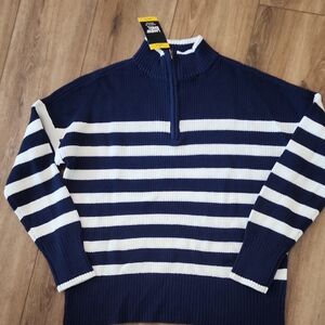 Lands' End Navy & White Striped Half-Zip Sweater